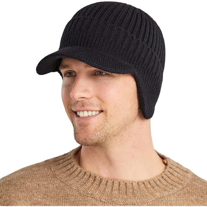 Mens Winter Visor Hat Beanie Hat with Earflaps Knitted Baseball Cap Short Brim Ski Hat Warm Fleece Lining Hat Image 1