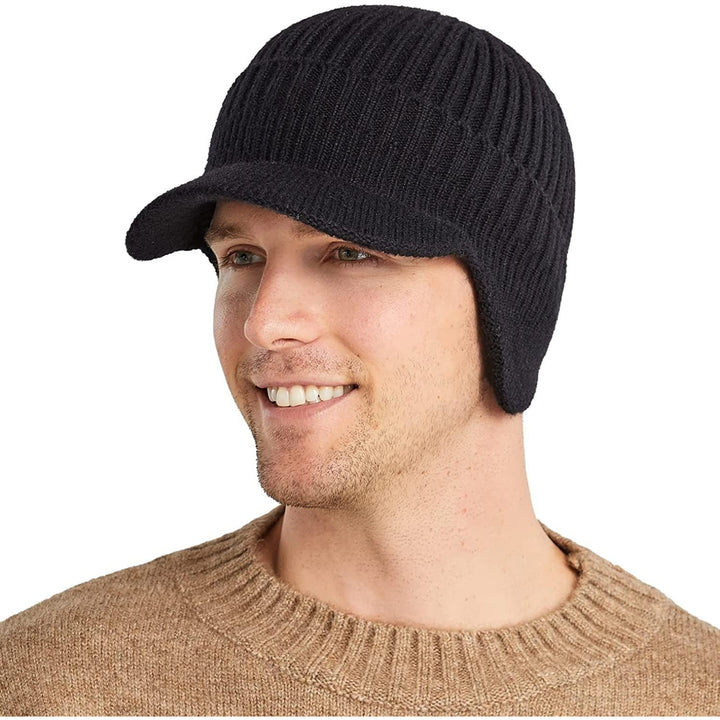 Mens Winter Visor Hat Beanie Hat with Earflaps Knitted Baseball Cap Short Brim Ski Hat Warm Fleece Lining Hat Image 2