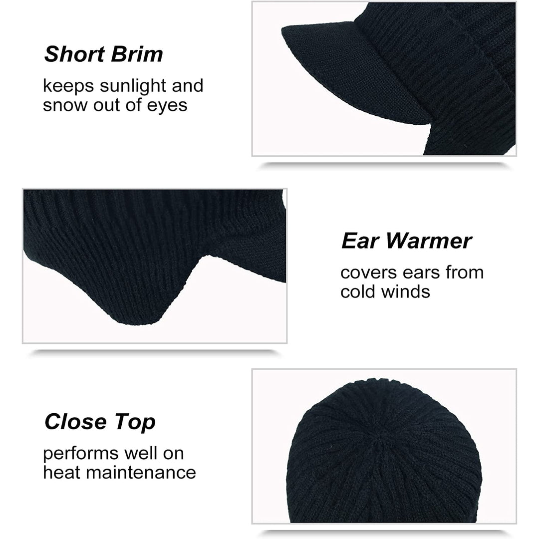 Mens Winter Visor Hat Beanie Hat with Earflaps Knitted Baseball Cap Short Brim Ski Hat Warm Fleece Lining Hat Image 4