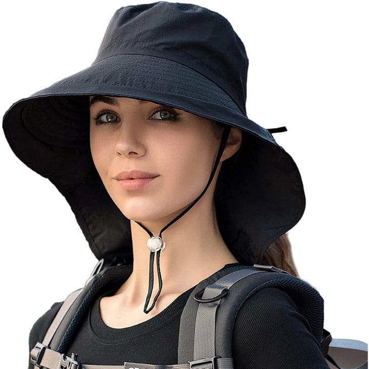 Women Sun Hats UV Protection Foldable Wide Brim Ponytail Hole Summer Men Beach Hats with Neck Flap Image 8