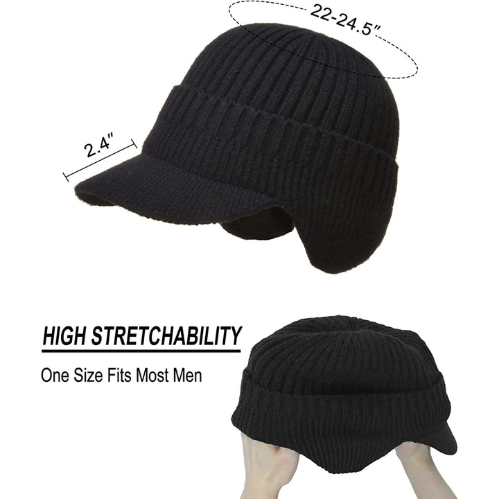 Mens Winter Visor Hat Beanie Hat with Earflaps Knitted Baseball Cap Short Brim Ski Hat Warm Fleece Lining Hat Image 4