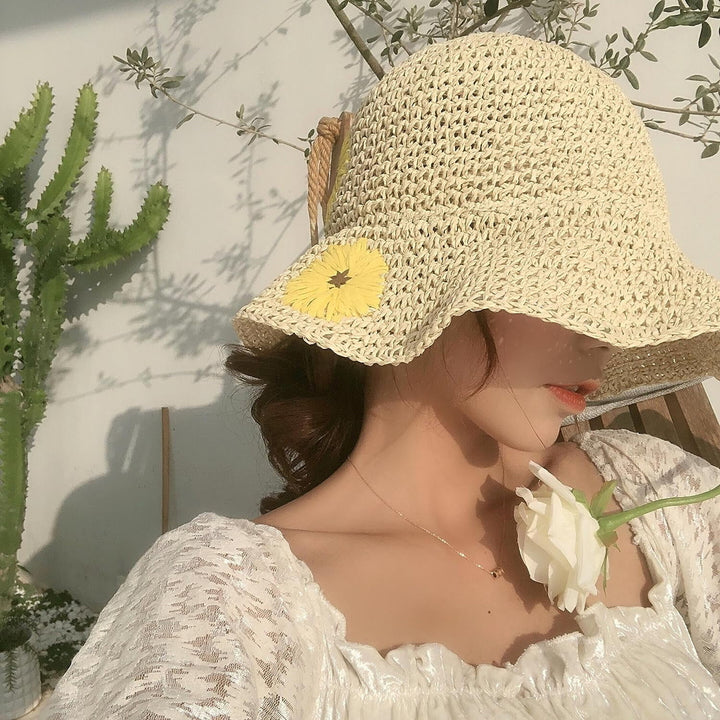 Summer Woven Straw hat Sun Flower Straw hat with Small Yellow Flowers Sun hat Image 4