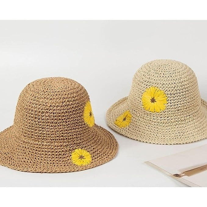 Summer Woven Straw hat Sun Flower Straw hat with Small Yellow Flowers Sun hat Image 6