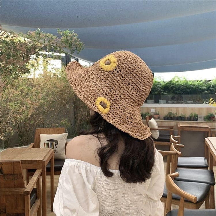 Summer Woven Straw hat Sun Flower Straw hat with Small Yellow Flowers Sun hat Image 7