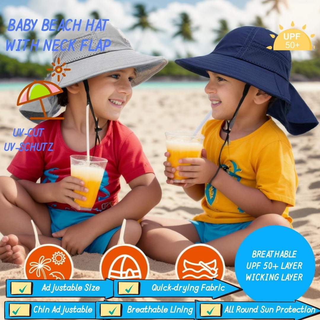 Baby Sun Hat Toddler Kids Boys Girls Wide Brim Beach Hats with Sunglasses UPF 50+ Plain Caps with Neck Flap Image 3
