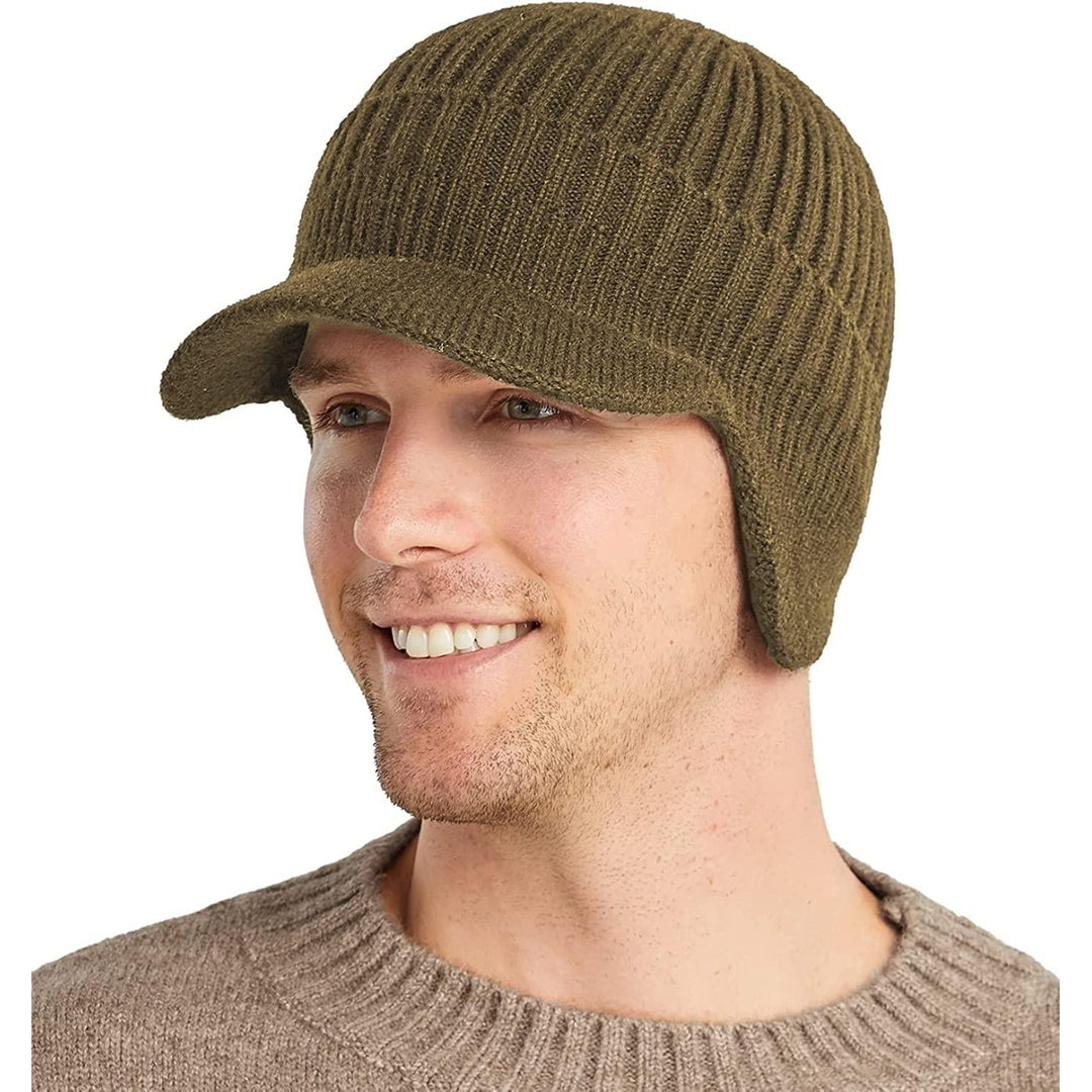 Mens Winter Visor Hat Beanie Hat with Earflaps Knitted Baseball Cap Short Brim Ski Hat Warm Fleece Lining Hat Image 9