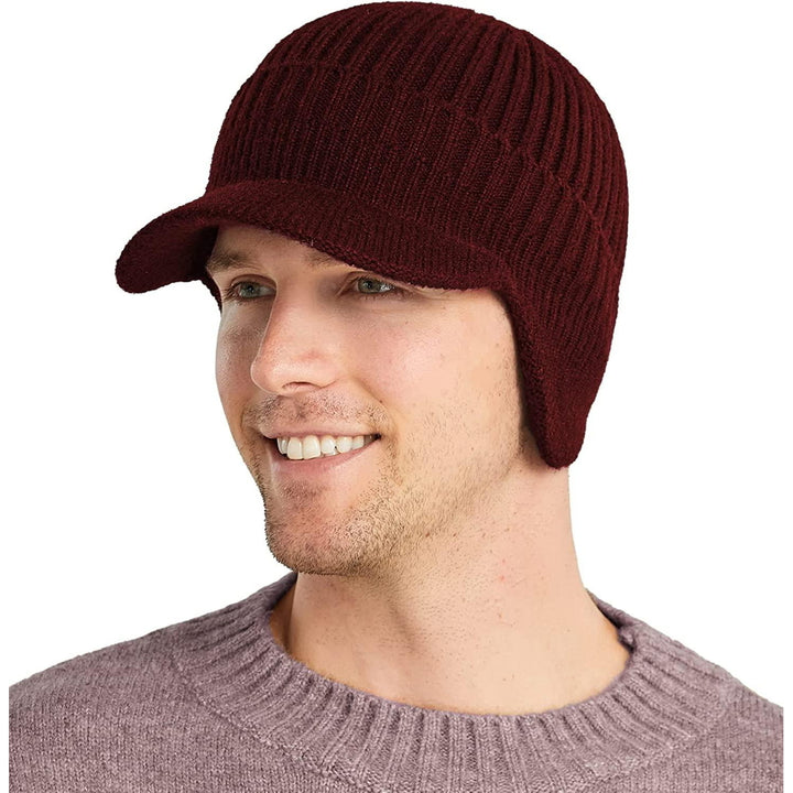 Mens Winter Visor Hat Beanie Hat with Earflaps Knitted Baseball Cap Short Brim Ski Hat Warm Fleece Lining Hat Image 11