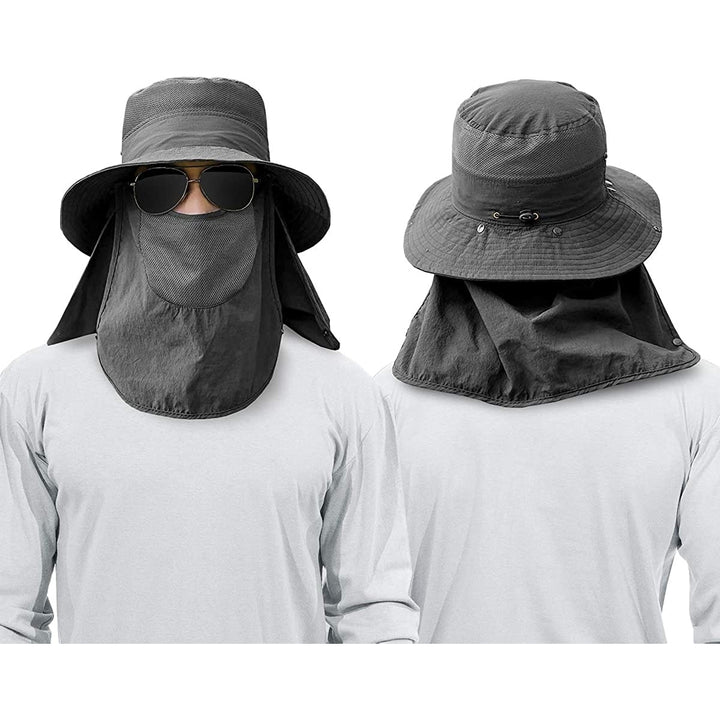 2 Pieces Mens Wide Brim Fishing Hat Outdoor UPF 50+ Sun Protection Removable Face and Neck Flap Image 3