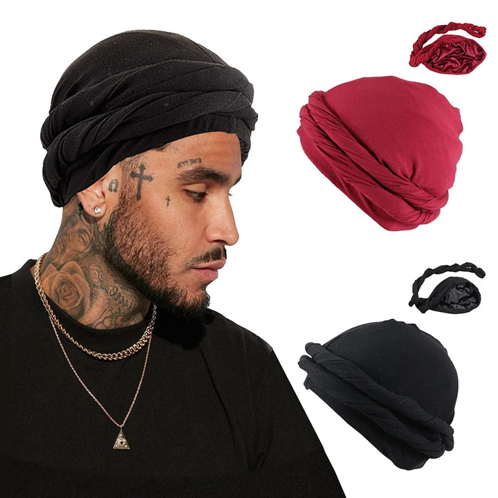 2PCS Turban for Men Halo Turban Satin Lined Turban for Men Head Wraps for Men Women Mens Turban for Sleeping Nature Hai Image 8