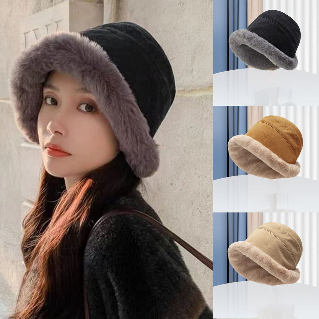 Extraordal Plus Velvet Thickened Fisherman Hat Women Winter Plush Bucket Hat Warm Solid Color Faux faux Fisherman Cap Image 6