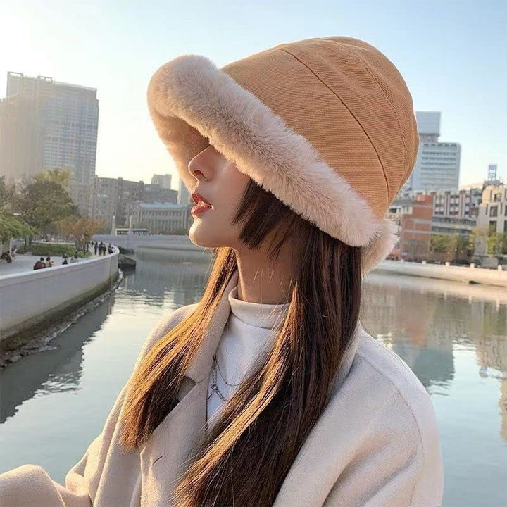 Extraordal Plus Velvet Thickened Fisherman Hat Women Winter Plush Bucket Hat Warm Solid Color Faux faux Fisherman Cap Image 8