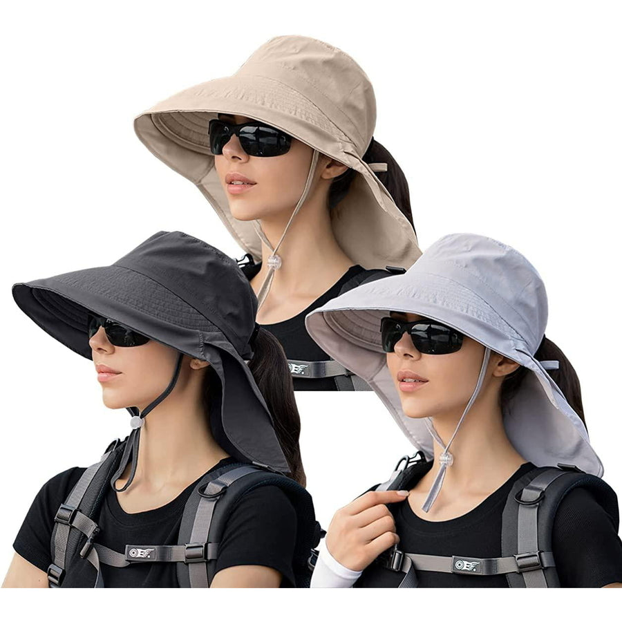 3 Pack Womens Ponytail Sun Hat with Neck Flap Wide Brim UV Protection Bucket Hat Summer Beach Fishing Hiking Garden UPF Image 1