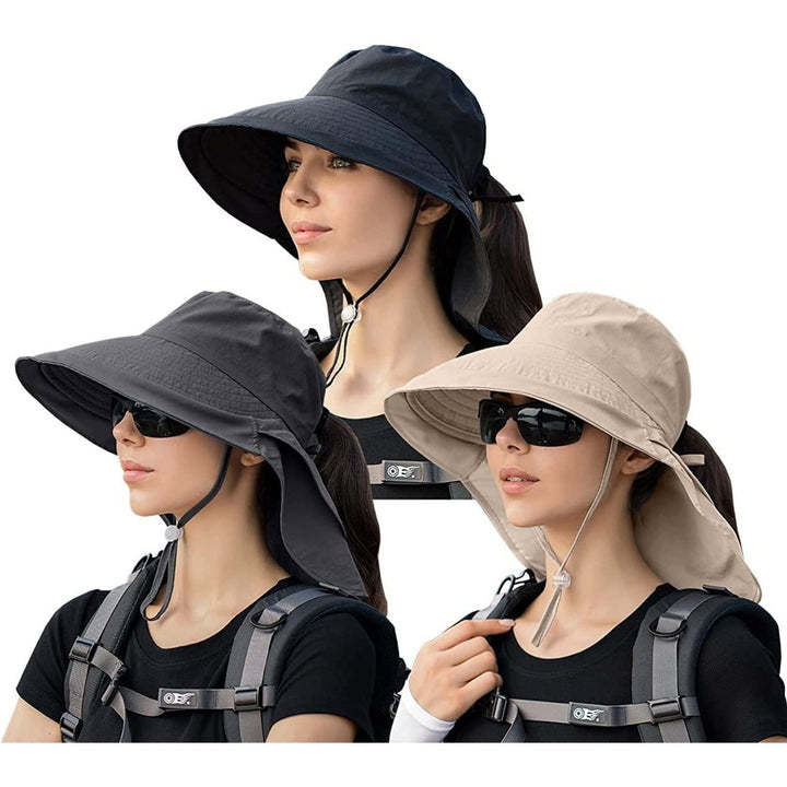 3 Pack Womens Ponytail Sun Hat with Neck Flap Wide Brim UV Protection Bucket Hat Summer Beach Fishing Hiking Garden UPF Image 1