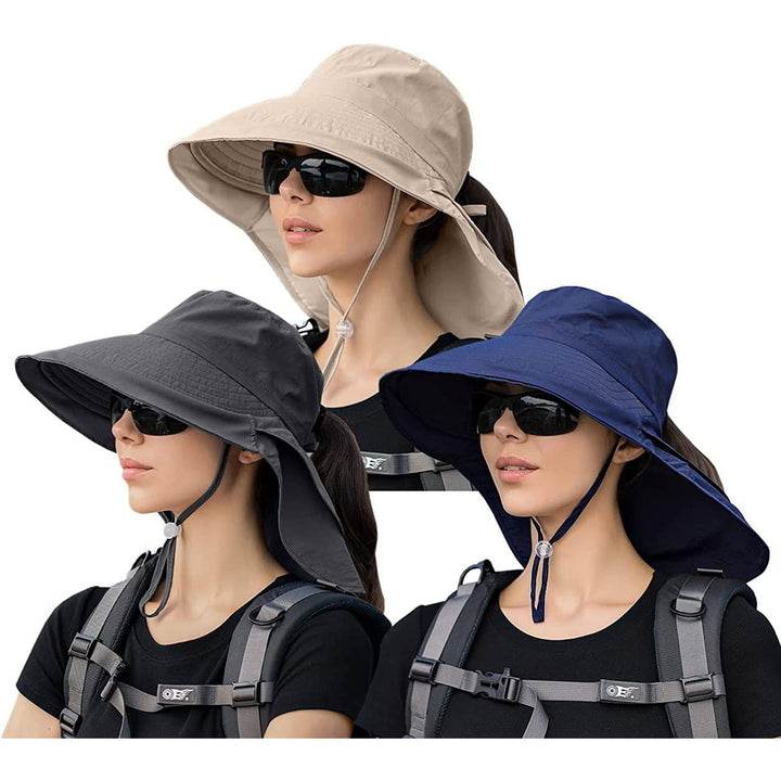 3 Pack Womens Ponytail Sun Hat with Neck Flap Wide Brim UV Protection Bucket Hat Summer Beach Fishing Hiking Garden UPF Image 3