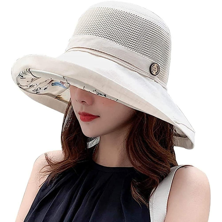 Summer Mesh Sun Hats for Women Lightweight Beach Hat Floral UPF50+ Packable Wide Brim Bucket Hat with Chin Strap Image 1