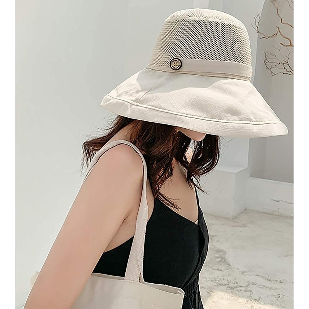 Summer Mesh Sun Hats for Women Lightweight Beach Hat Floral UPF50+ Packable Wide Brim Bucket Hat with Chin Strap Image 3