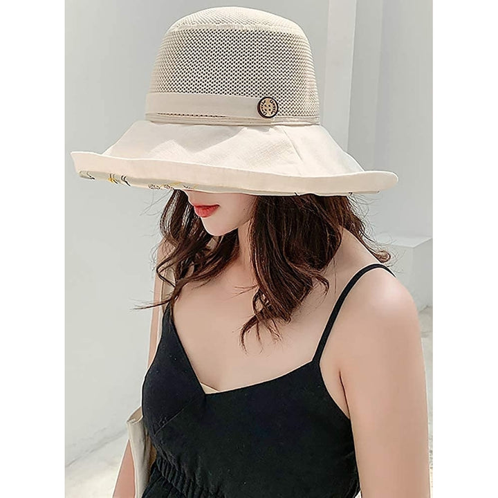 Summer Mesh Sun Hats for Women Lightweight Beach Hat Floral UPF50+ Packable Wide Brim Bucket Hat with Chin Strap Image 4