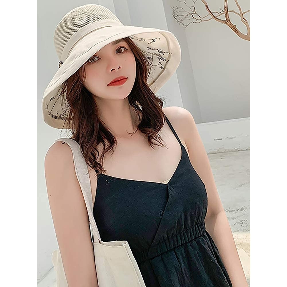 Summer Mesh Sun Hats for Women Lightweight Beach Hat Floral UPF50+ Packable Wide Brim Bucket Hat with Chin Strap Image 4