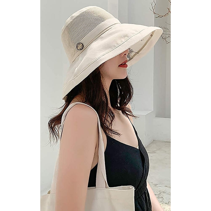 Summer Mesh Sun Hats for Women Lightweight Beach Hat Floral UPF50+ Packable Wide Brim Bucket Hat with Chin Strap Image 6