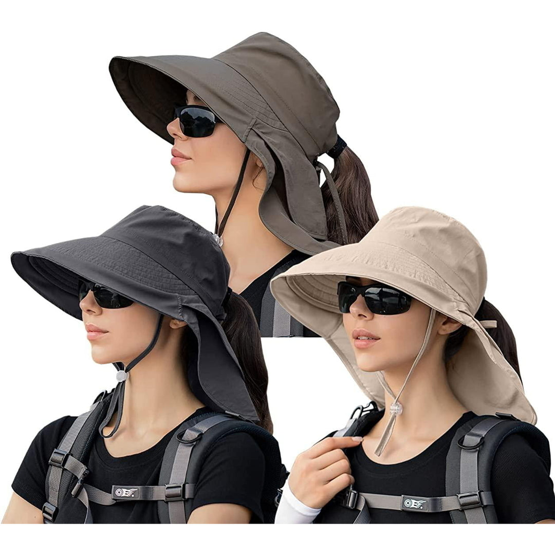 3 Pack Womens Ponytail Sun Hat with Neck Flap Wide Brim UV Protection Bucket Hat Summer Beach Fishing Hiking Garden UPF Image 4