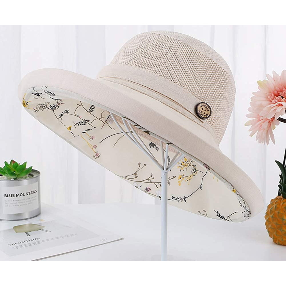 Summer Mesh Sun Hats for Women Lightweight Beach Hat Floral UPF50+ Packable Wide Brim Bucket Hat with Chin Strap Image 7