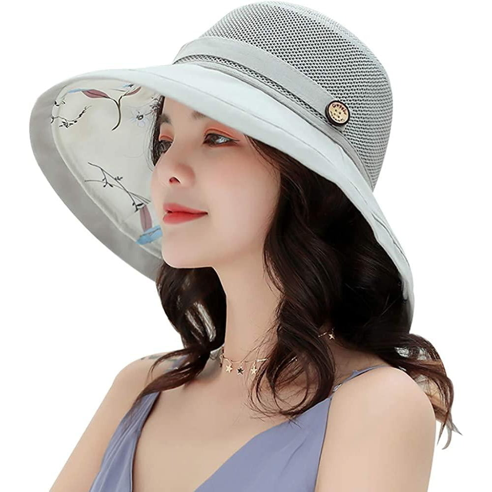 Summer Mesh Sun Hats for Women Lightweight Beach Hat Floral UPF50+ Packable Wide Brim Bucket Hat with Chin Strap Image 9