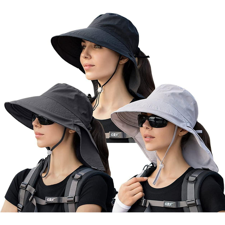 3 Pack Womens Ponytail Sun Hat with Neck Flap Wide Brim UV Protection Bucket Hat Summer Beach Fishing Hiking Garden UPF Image 4