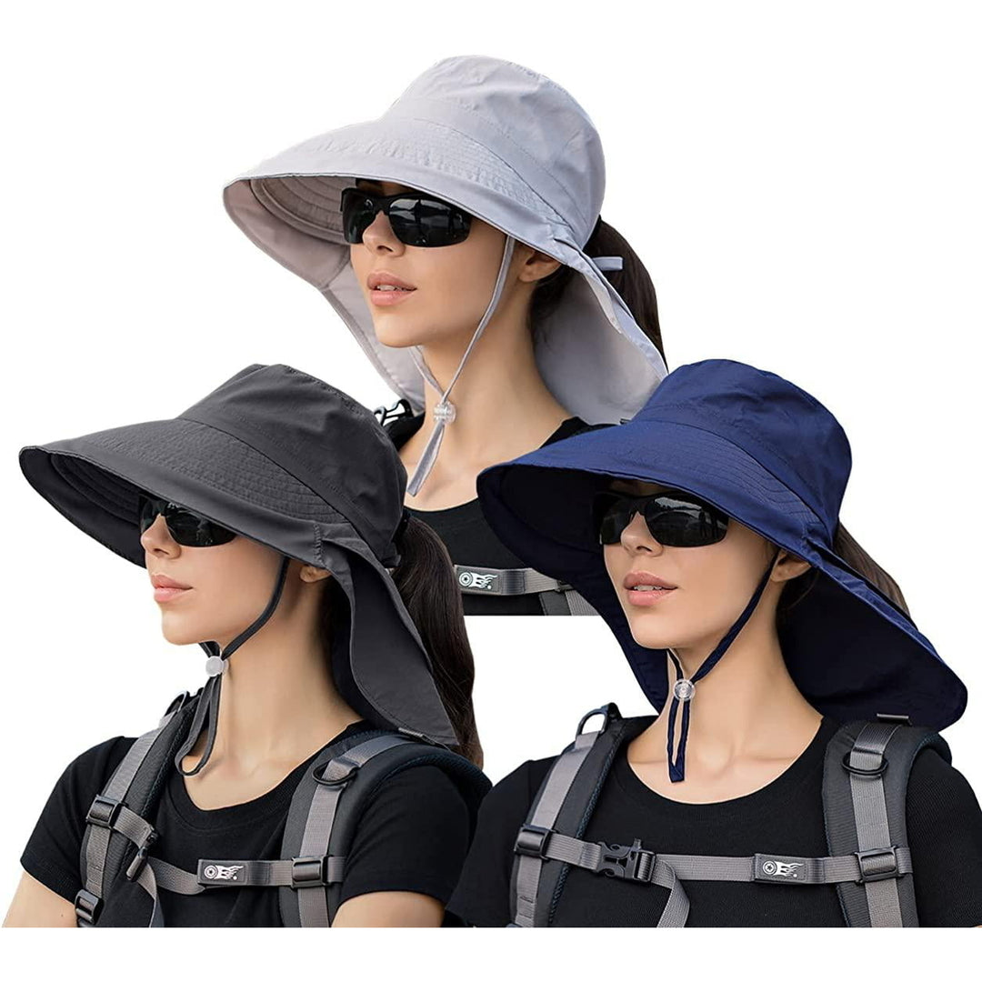 3 Pack Womens Ponytail Sun Hat with Neck Flap Wide Brim UV Protection Bucket Hat Summer Beach Fishing Hiking Garden UPF Image 6