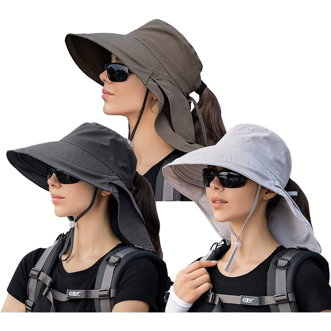 3 Pack Womens Ponytail Sun Hat with Neck Flap Wide Brim UV Protection Bucket Hat Summer Beach Fishing Hiking Garden UPF Image 1