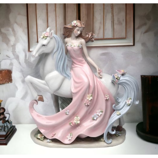 Ceramic Damsel Figurine 10.5in  Horse Lovers Farmhouse Image 1