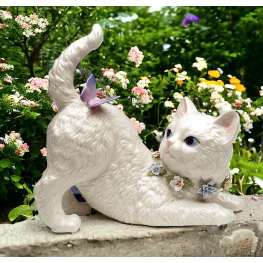 Ceramic Cat Music Box Playing with Butterfly 7.25" Gift for Cat Image 1