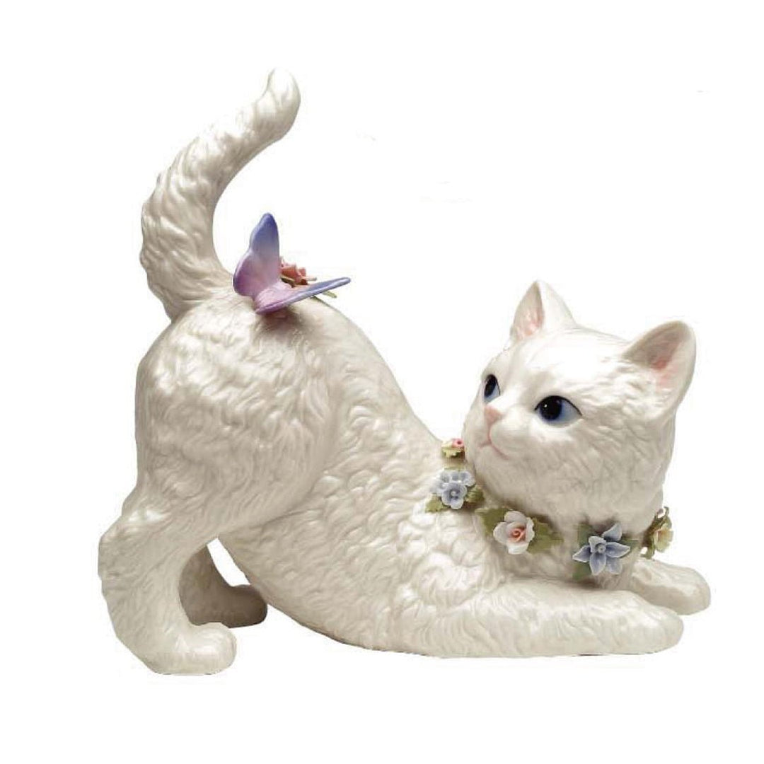 Ceramic Cat Music Box Playing with Butterfly 7.25" Gift for Cat Image 3