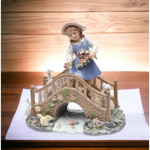 Ceramic Music Box Girl Feeding Ducks 8x5  Mom Image 1