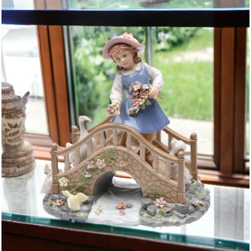 Ceramic Music Box Girl Feeding Ducks 8x5  Mom Image 2