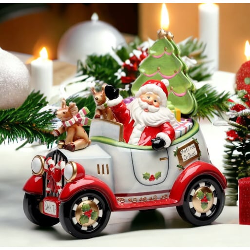 Ceramic Santa Car Cookie Jar with Cookie Plates Salt and Pepper Shakers 14.75" Image 1