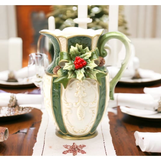 Hand Painted Ceramic Christmas Holly Pitcher 7.375 x 6 x 8.5 inches 56 oz Image 1