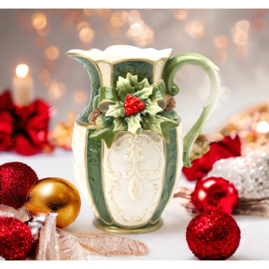 Hand Painted Ceramic Christmas Holly Pitcher 7.375 x 6 x 8.5 inches 56 oz Image 2