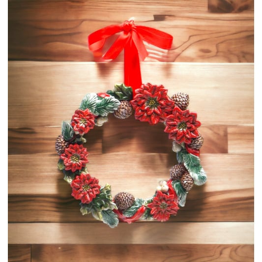 Ceramic Poinsettia Wreath 9" with Pinecones Red Ribbon Christmas Gift Image 2