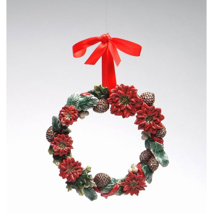 Ceramic Poinsettia Wreath 9" with Pinecones Red Ribbon Christmas Gift Image 3