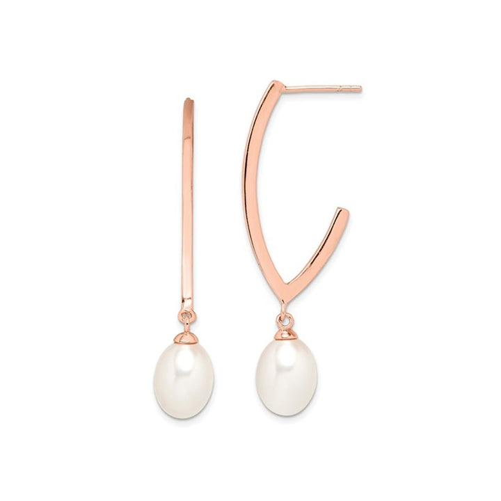 White Freshwater Cultured Rice Pearl Dangle Earrings in Rose Sterling Silver Image 1