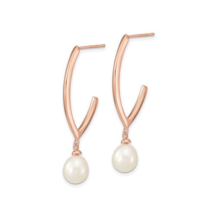 White Freshwater Cultured Rice Pearl Dangle Earrings in Rose Sterling Silver Image 3