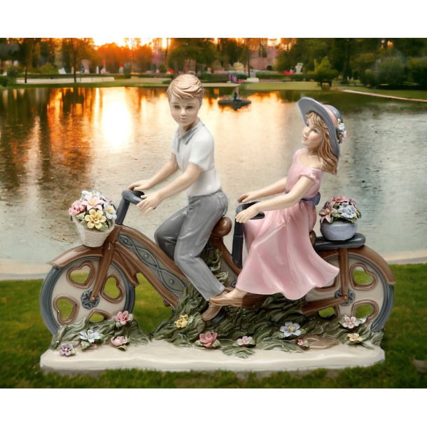 Ceramic Young Couple Bike Figurine 10x3x8.5 Inch Mom Image 1