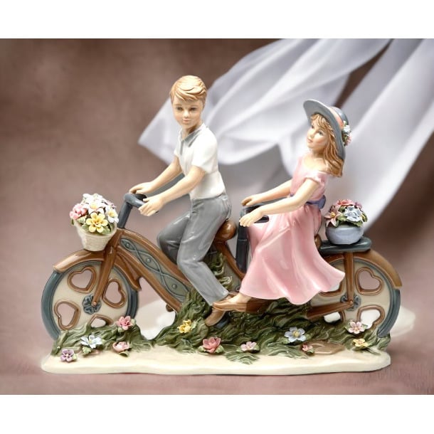 Ceramic Young Couple Bike Figurine 10x3x8.5 Inch Mom Image 2