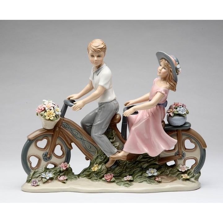 Ceramic Young Couple Bike Figurine 10x3x8.5 Inch Mom Image 3