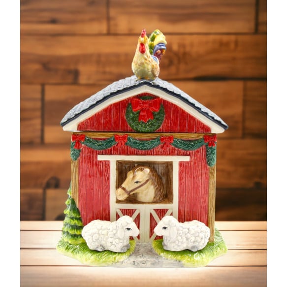 Ceramic Barn House Cookie Jar 7.375in Rustic Kitchen Image 1