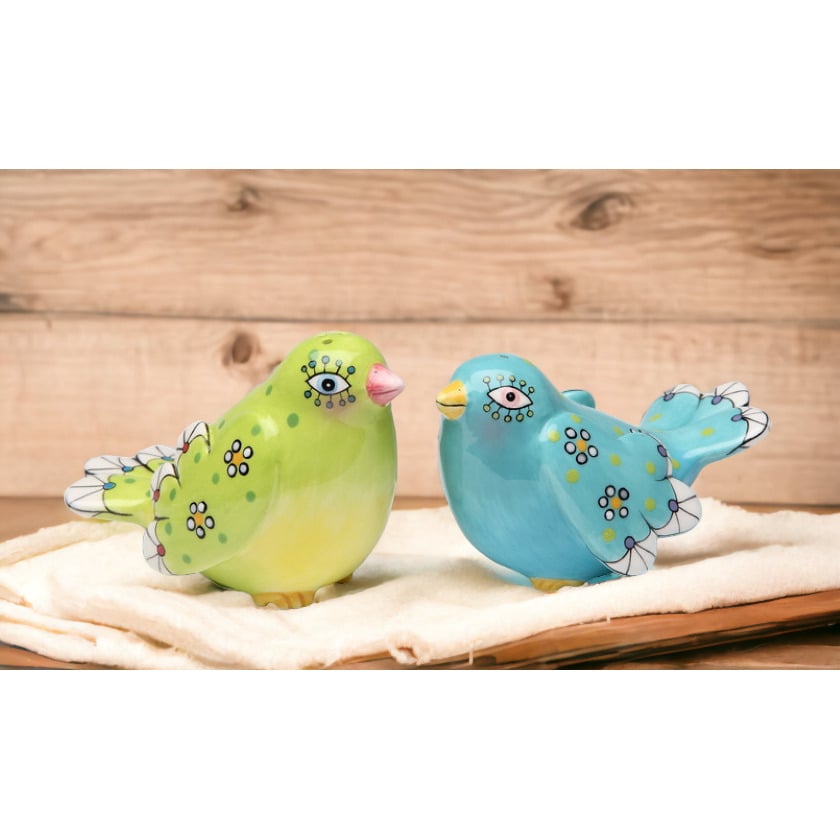 Ceramic Bohemian Birds Salt Pepper Shakers Hand Painted Image 2