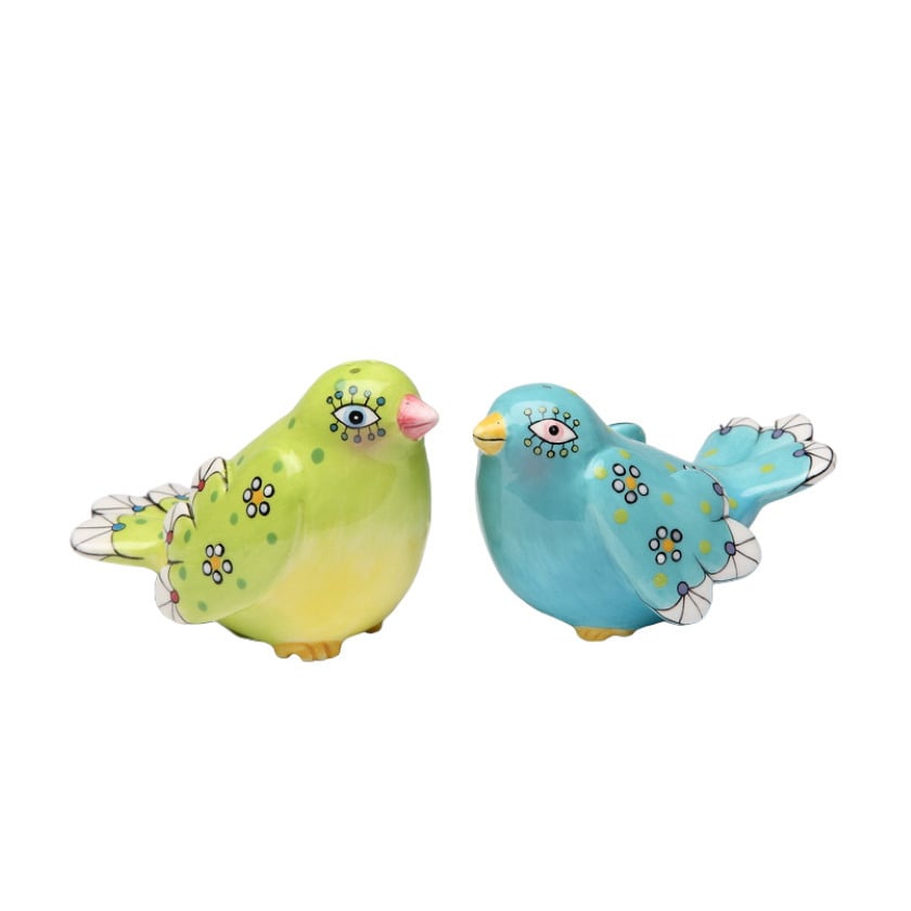 Ceramic Bohemian Birds Salt Pepper Shakers Hand Painted Image 3