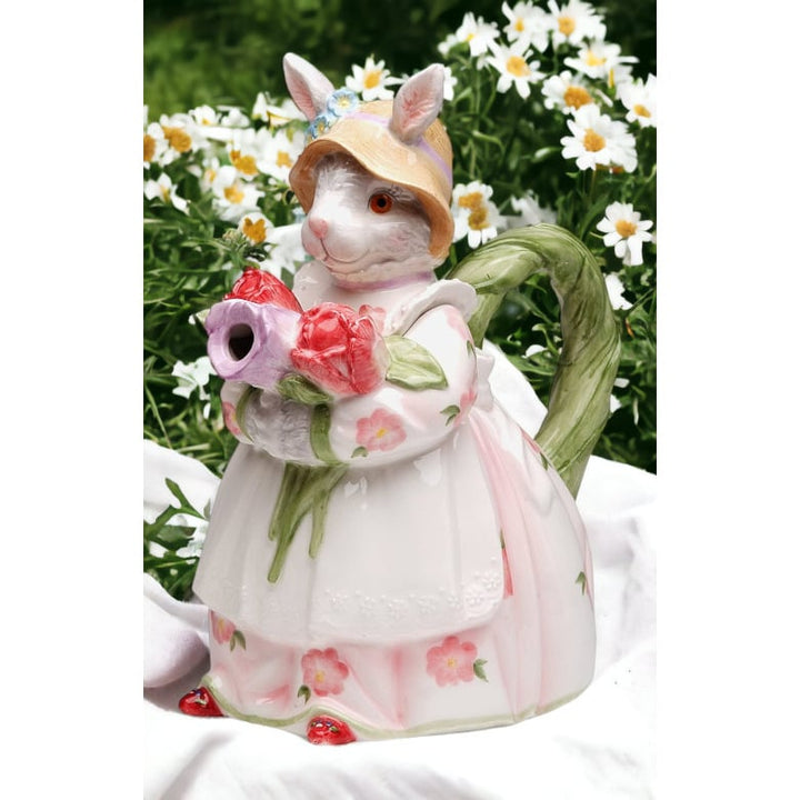 Ceramic Bunny Rabbit Teapot 32 oz Holding Rose Flowers Spring Image 1