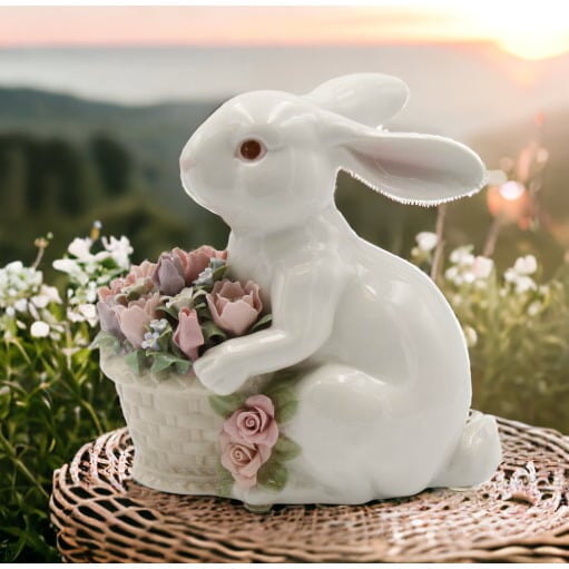 Ceramic Bunny Rabbit Figurine 8.5" with Flower Basket Image 1