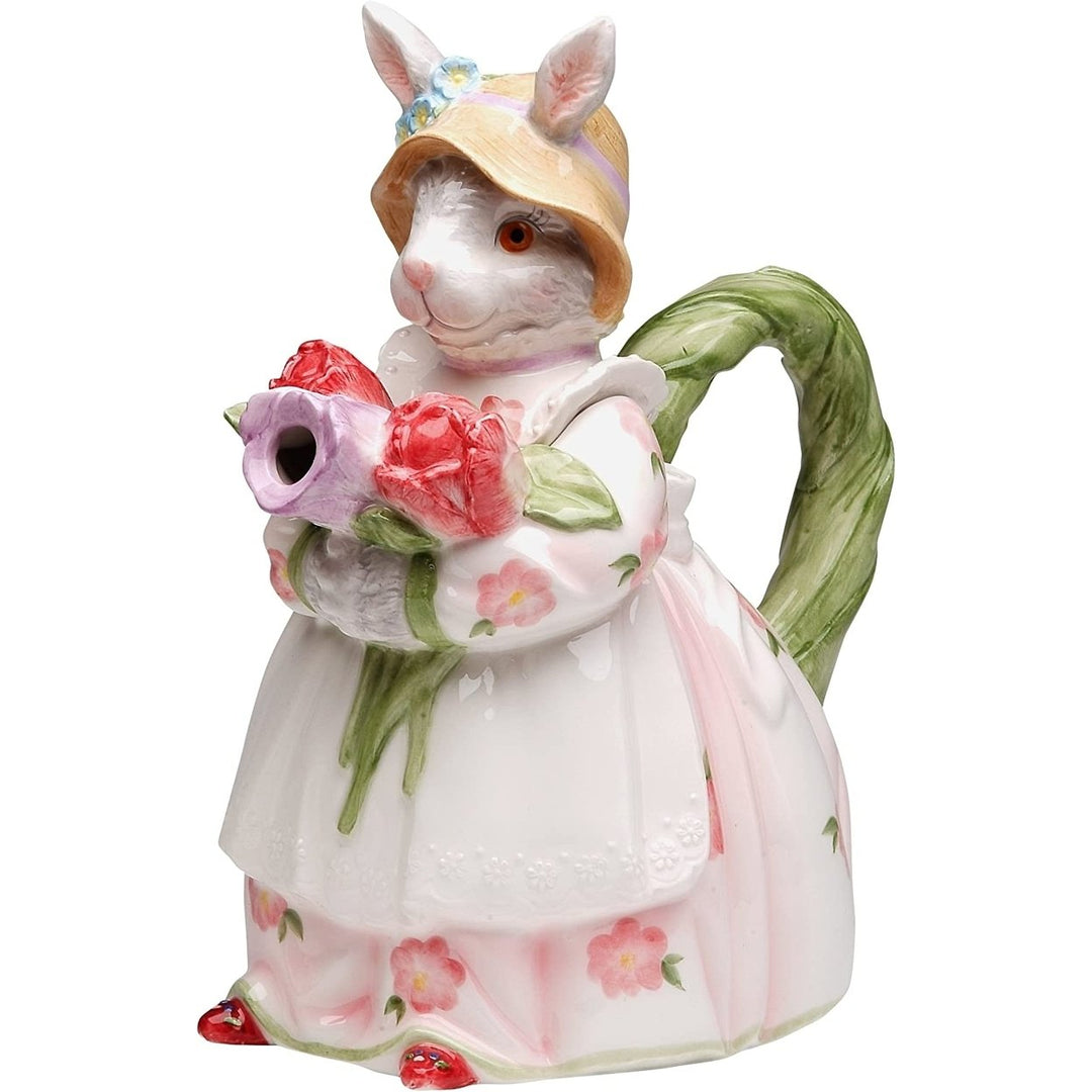 Ceramic Bunny Rabbit Teapot 32 oz Holding Rose Flowers Spring Image 2